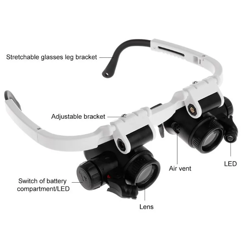 Binocular Glasses Magnifier LED Lighted Wearing Magnifying Glass Loupe 6X-25X Replaceable Multi-Lenses for Jewelry Watch Repair