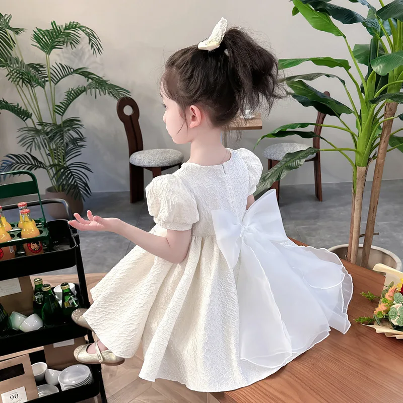 

Summer 2024 Korean Toddler Princess Dress Cotton Short Sleeve Young Children Girl Vestidos Pure Color Knotbow Babys Girls Dress