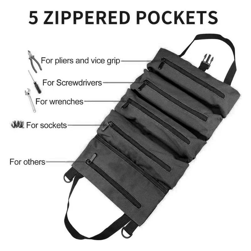 Multifunctional Roll Pouch Canvas Portable Working Tool Bag Multiple Pockets Carrier Handbag