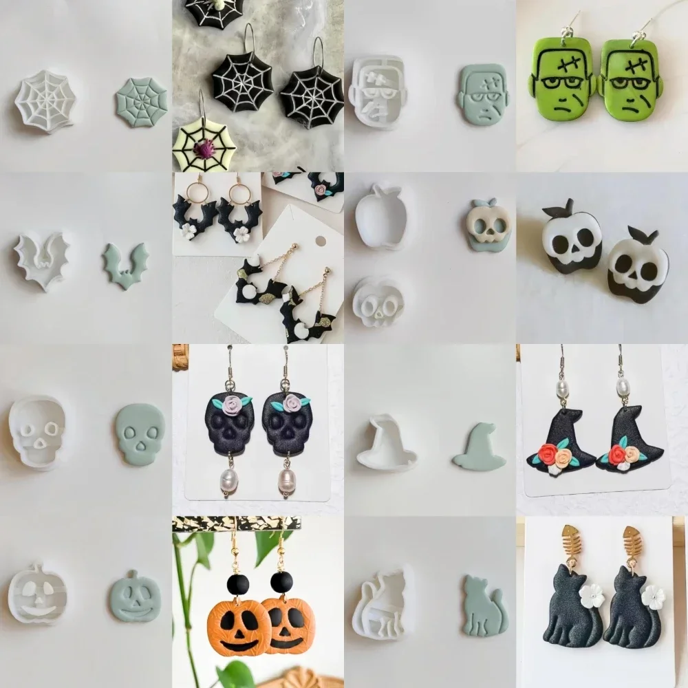 Seria Halloween Formy do gliny Kapelusz czarownicy Kot Zombie Kość Dynia Nietoperz Duch Frezy do gliny DIY Kolczyki Biżuteria Wisiorek Ręcznie robione narzędzia