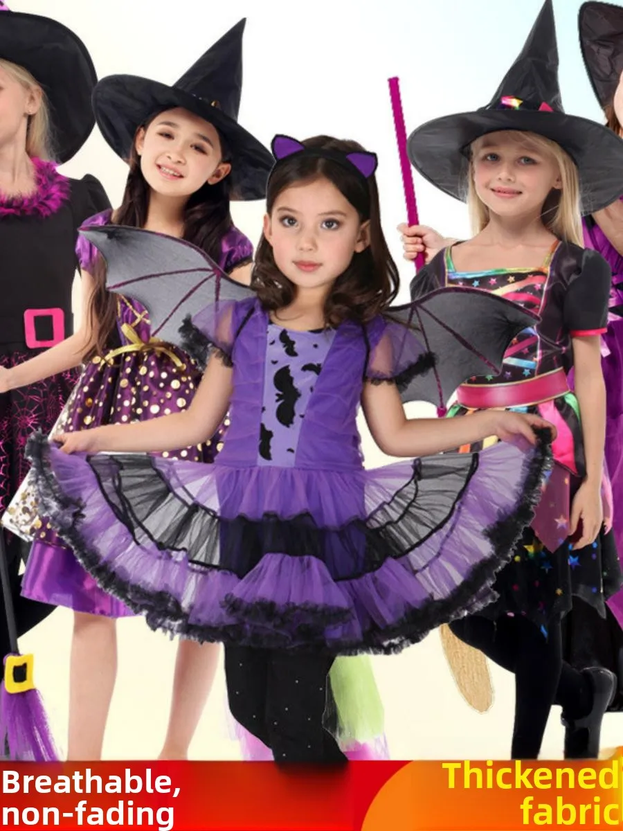 

Новый детский костюм ведьмы на Хэллоуин, комплект для выступлений «Летучая мышь-волшебник», наряд ведьмы для девочек, ансамбль для выступлений на сцене, полиэстер
