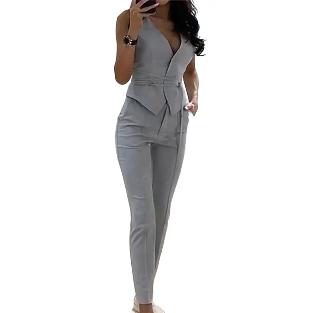 2Pcs/Set Women Business Suit Sleeveless Deep V Neck Jacket Pants Vest Trousers Suit