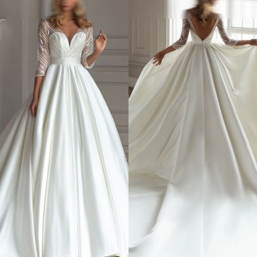 

Customized Exquisite Wedding Dress Luxury White Satin Sexy V-neck Fashion Bridal Party Classic A-Line Delicate Bridal Gowns