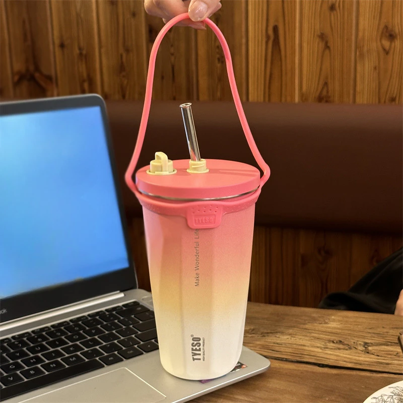 Edelstahl-Kaffeetassen, vakuumisolierte Tassen, tragbar, großes Fassungsvermögen, Eisbar, Thermobecher mit Silikonseil, Strohhalm, Wasserbecher