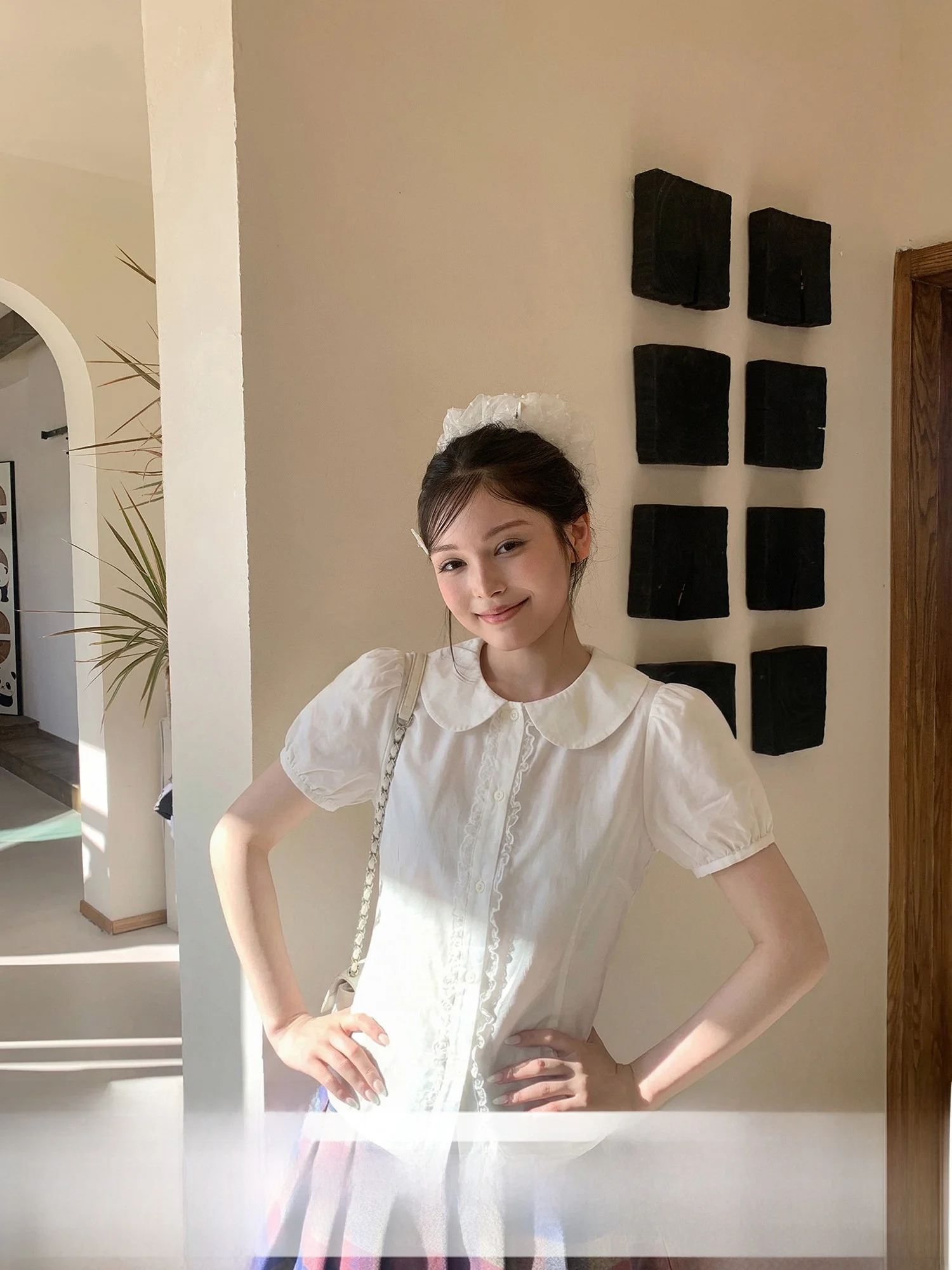 

Korean Sle Doll Collar Lace Bubble Sve irt Women's ort Sve Summer Top Small Size White Floral Print Cotton Blouse
