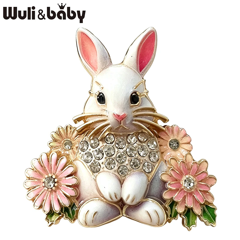 Wuli&baby Cute Daisy Rabbit Brooches For Women Unisex 4-color Enamel Rhinestone Flower Bunny Animal Brooch Pins Easter Gifts