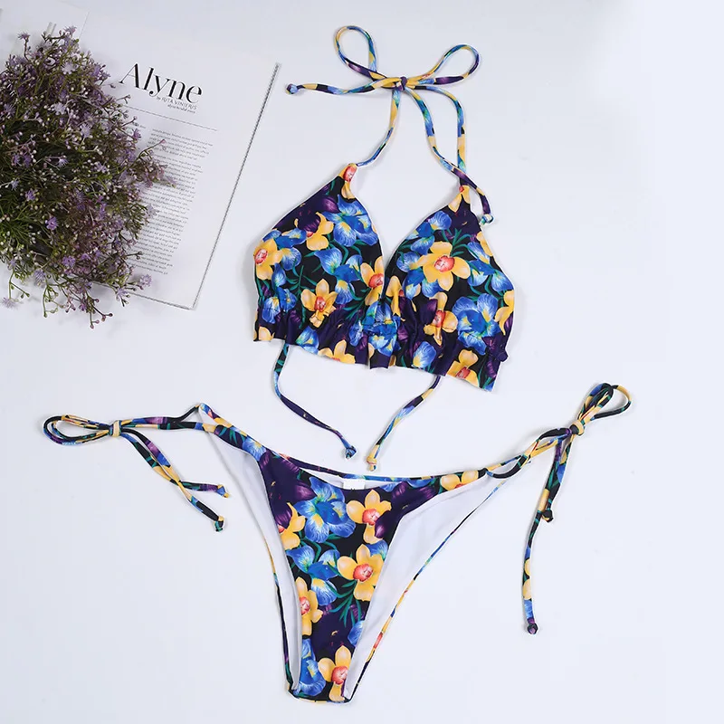 Sexy Flower Swimwear Thong Bikini 2024 Women String Micro Swimsuits Swimming Bathing Suit Brazilian Bikinis Set Mujer Biquini