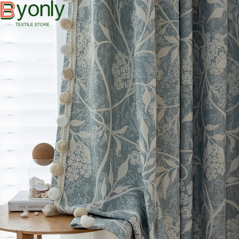 

Customized Blue Plant Jacquard Thickened Chenille Blackout Curtains for Living Room Bedroom French Window Balcony Bay Window