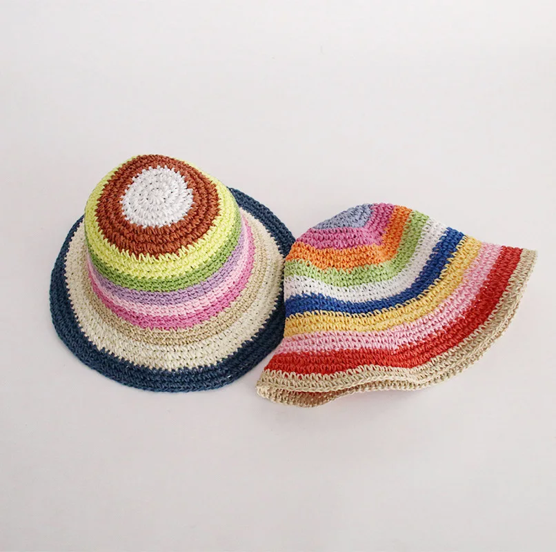 New Popular Summer Beach Bucket Hat Cap For Women Crochet Straw Rainbow Spring Fish Hat Outdoor Female Lady Gift Wholesales