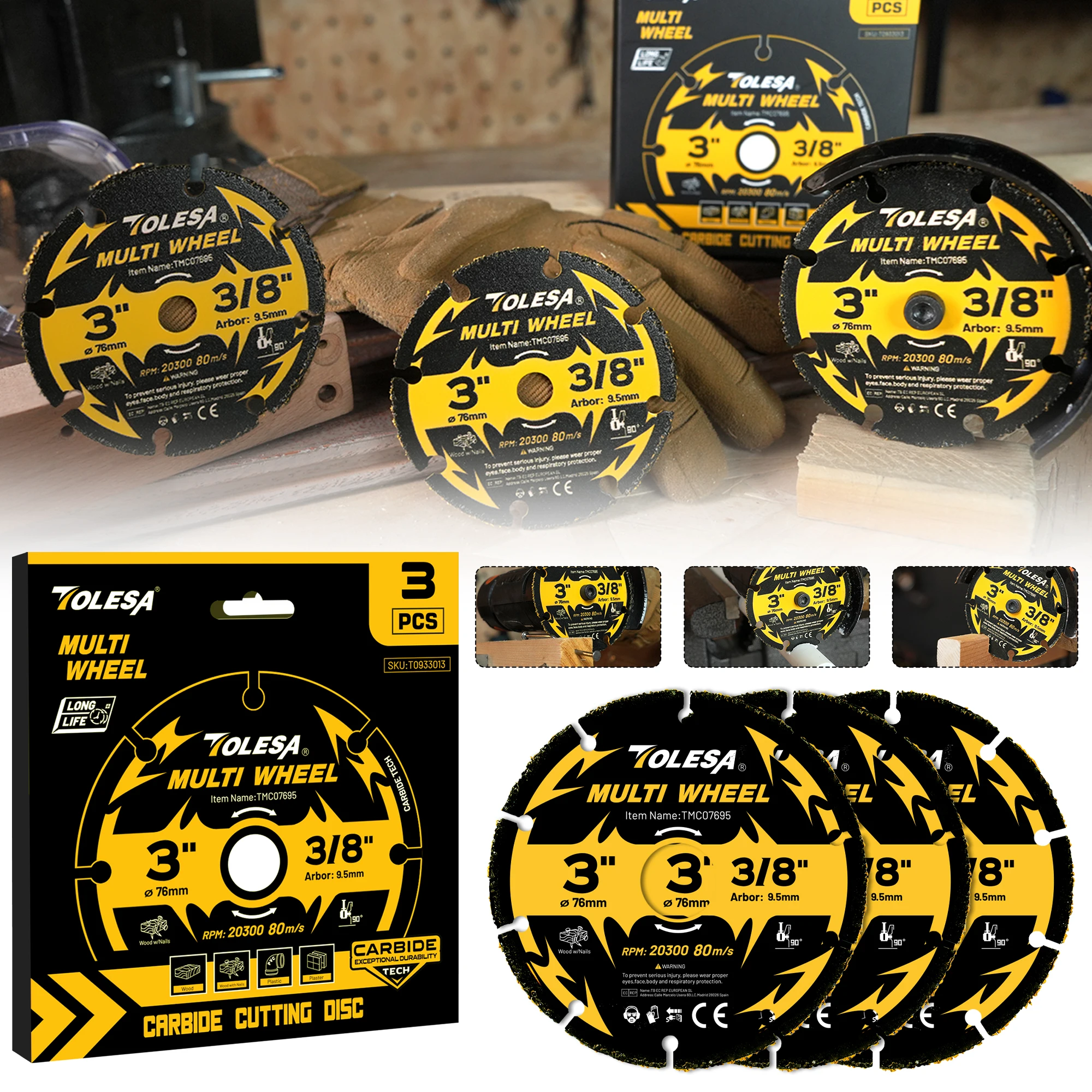 TOLESA 3Inch Cut Off Wheel Carbide Cutting Disc Angle Grinder Cutting Wheel for Wood Wood with Nail Laminate Plastic Plaster 3PC
