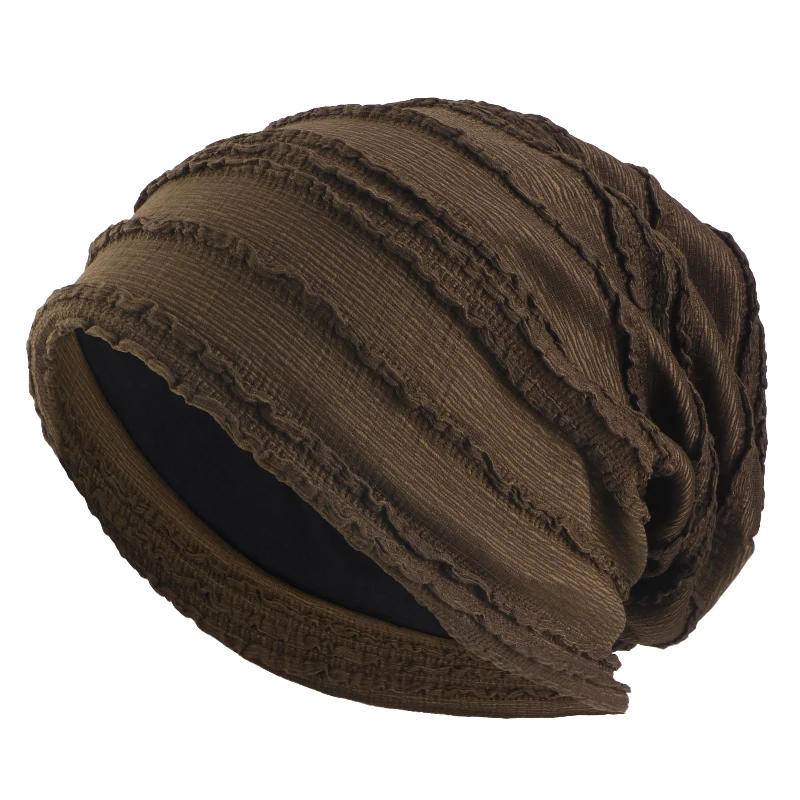 Neue doppellagige, plissierte Spitzen-Slouchy-Mütze, eleganter, geraffter Turban, Kopftuch, muslimischer Hijab, elastische, einfarbige Mütze, Chemio-Cap – Detail 6
