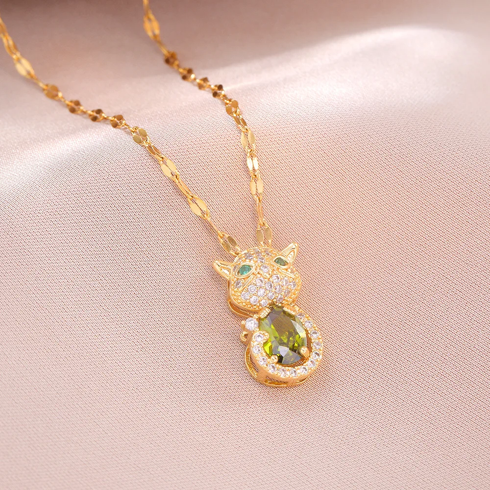 Fashion Cat Zircon Pendant Necklace for Women Girls Stainless Steel Chain Party Accessories Jewelry Gifts