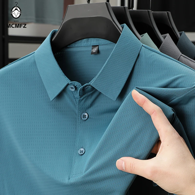 Mens thin ice silk mesh short sleeve polo top lapel three button placket slim elastic business daily simple casual garment