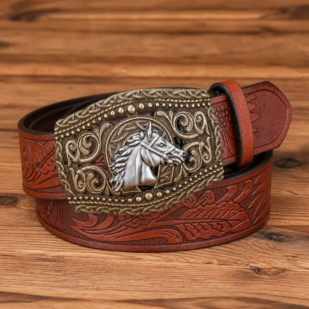 Reddish Brown Western Horse Head Embossed Belt Pin Buckle Jeans Trousers Cowboy Styling Daily Wear Fashion Waist Statement Punk