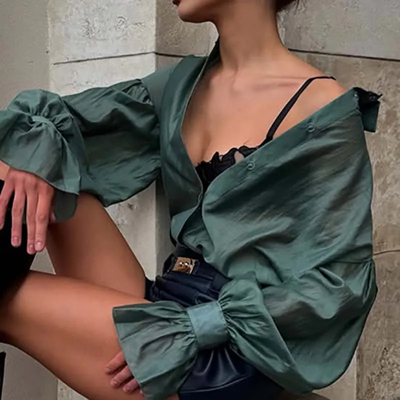 

Vintage Ladies Lapel Long Sleeved Shirt Office Fashion Single Breasted Loose T-shirt New Street Wear Solid Color Temperament Top