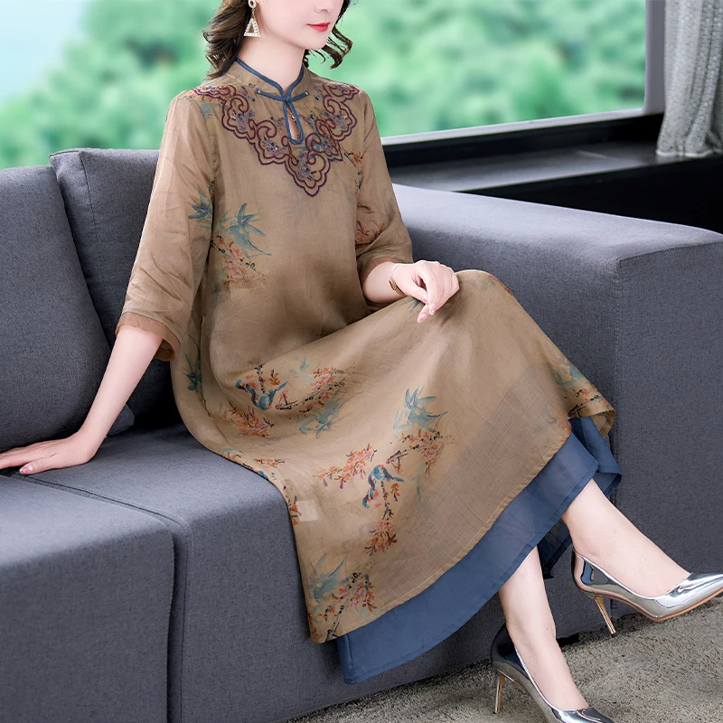 2023 Autumn New Women's Silk Cotton Hemp Short Sleeve Dress Flower Embroidered Long Slim Dress Loose Size Knee Length Robe