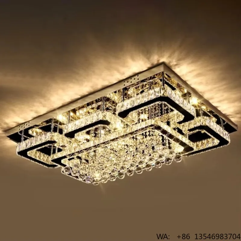 Luxury Villa Decoration Crystal Ceiling Lamp Modern Led Hotel Lobby Remote Control Rectangular Flush Mount Light