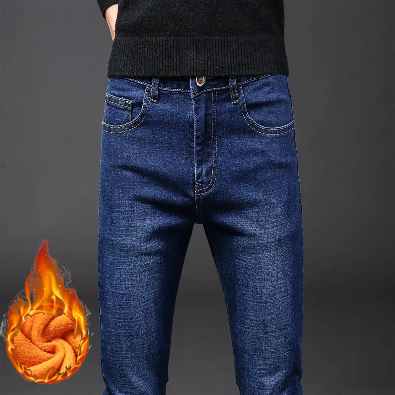 Winter Men Warm Flannel Stretch Denim Jeans Winter High Quality Brand Fleece Pants Male Thermal Slim Fit Plush Stretch Trousers