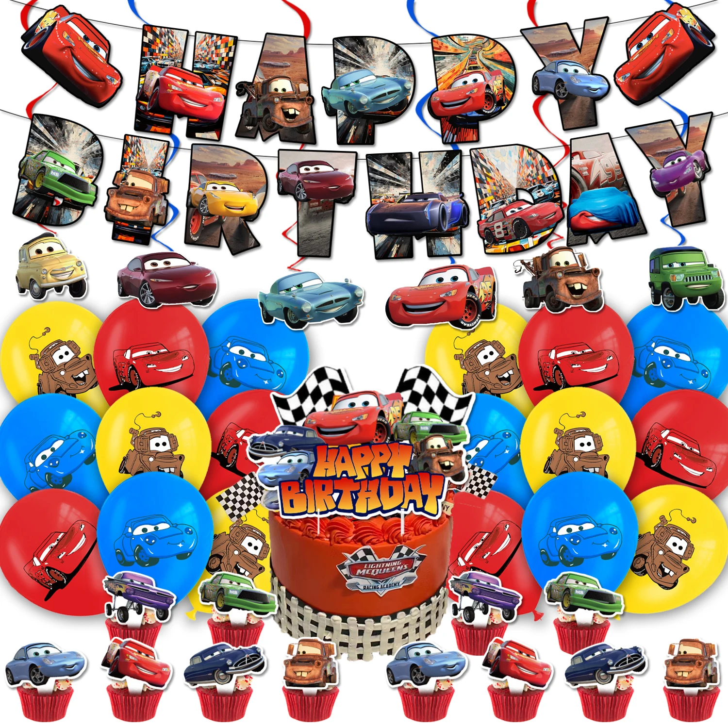 

Cartoon Car Theme Birthday Party Decoration Set Banner Hanging swirls Cake Balloon for Kids Party Decoration