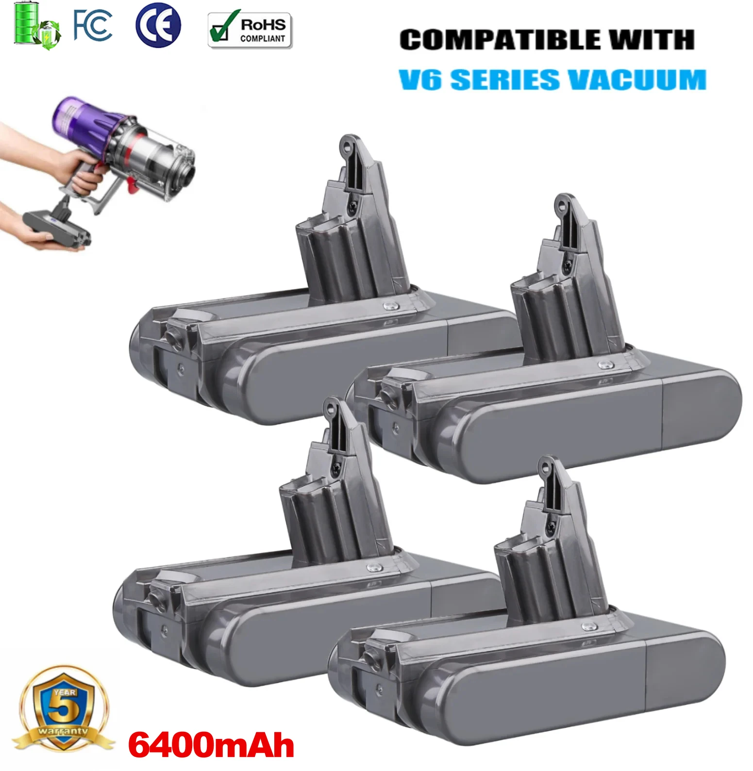 

1/2/4 шт. 6,4 Ач V6 замена для Dyson 21,6 В литий-ионный аккумулятор, штифт, совместимый с пылесосом Animal Absolute Fluffy SV05 DC61 DC62