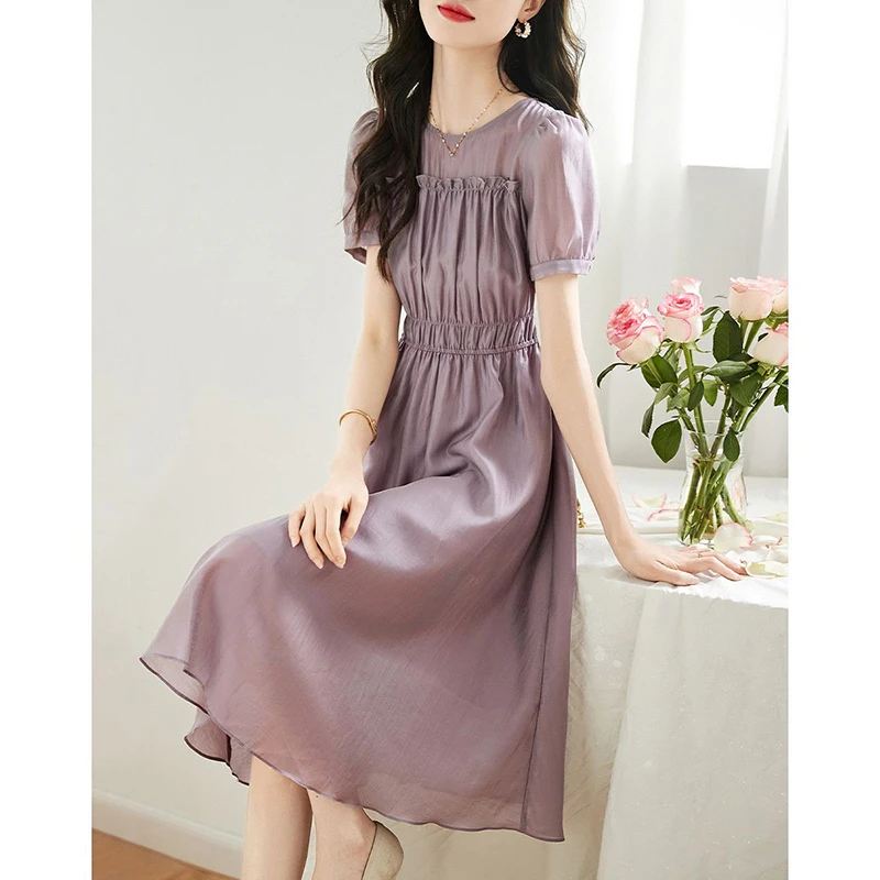 

Elegant O-Neck Spliced Folds Ruffles Puff Sleeve Party Dress Women Clothing 2024 Summer New Loose Office Lady Short Sleeve Dress