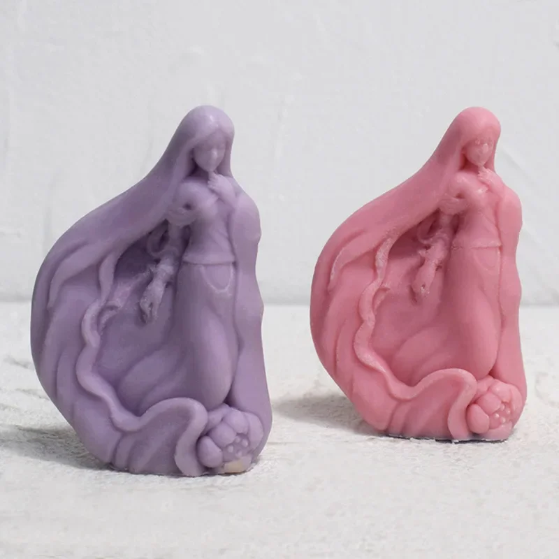 Long Hair Cherub Silicone Mold Art Sculpture Soy Wax Candle Mould Girl Angel Statue Home Decor Gardening Crafts