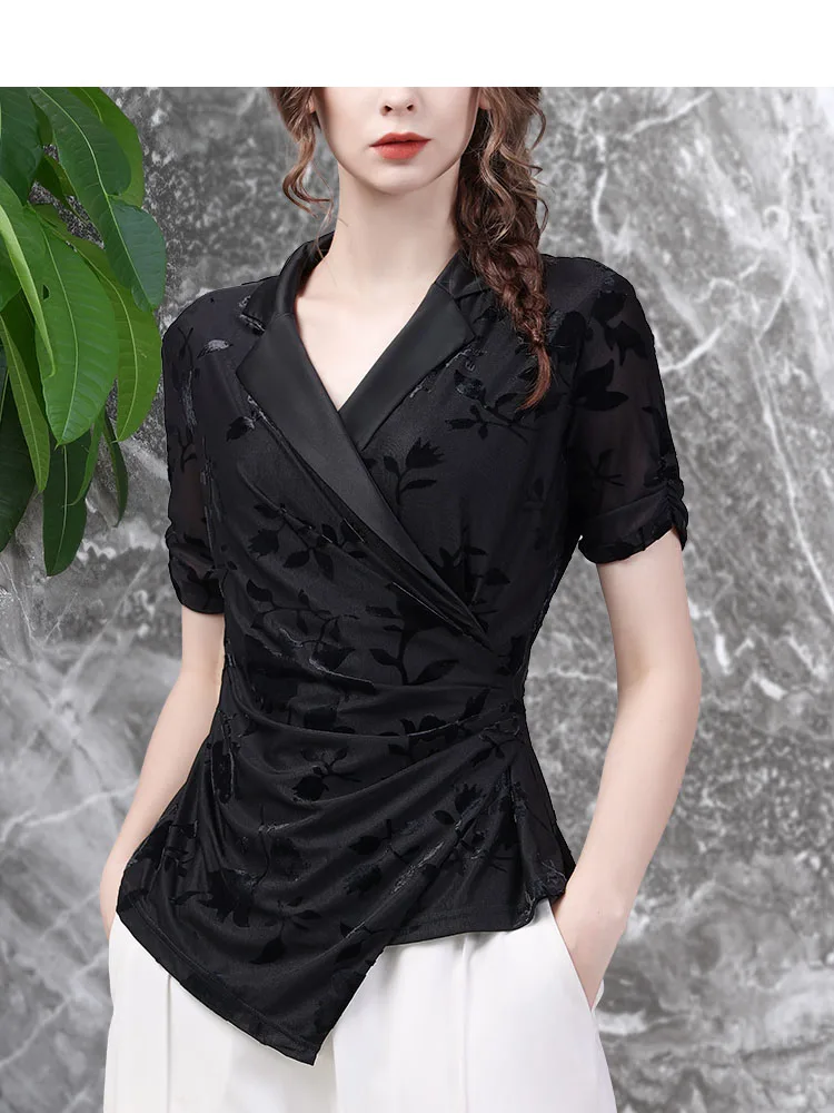 Fashion Women\' Suit Collar Embossed Floral Black Velour Top Asymmetrical Slim Female Spring Summer Knitted Short Sleeve Blouses