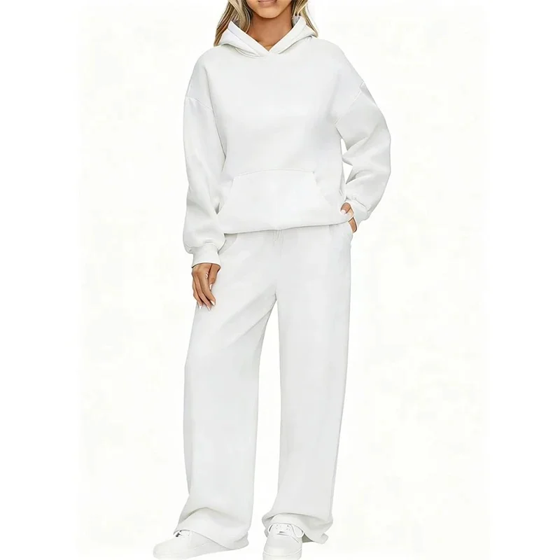 Herbst-Winter Damen Hoodie-Anzug + Weite Hose Zweiteiliges Set Frei Kombinierbar Langarm-Trainingsanzug mit Känguru-Tasche Damenanzug – Detail 6