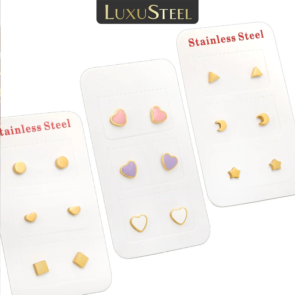 LUXUSTEEL Romantic Love 3 Pairs Stainless Steel Earrings Sets For Women Girls Heart Stud Earrings Jewelry Birthday Gifts