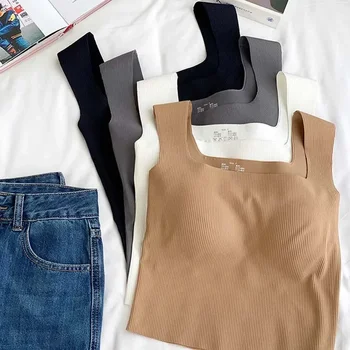 قميص قصير نسائي بكتف عريض ، رقبة مربعة ، صدرية جميلة ملولبة من الخلف ، بدون خياطة ، كوب ثابت من قطعة واحدة ، قمم صلبة غير رسمية ، جديد ، 1-