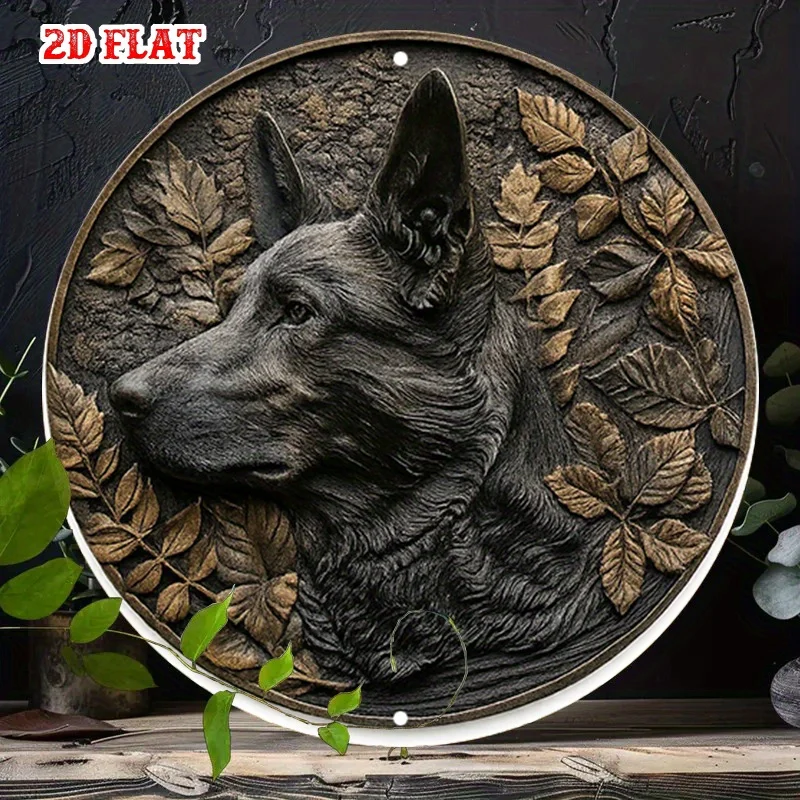 1pc German Shepherd Dog Autumn Leaf Carved Vintage Round Metal Sign 20x20cm 2D Flat Cabin Pet House Garden Wall Decor Gift