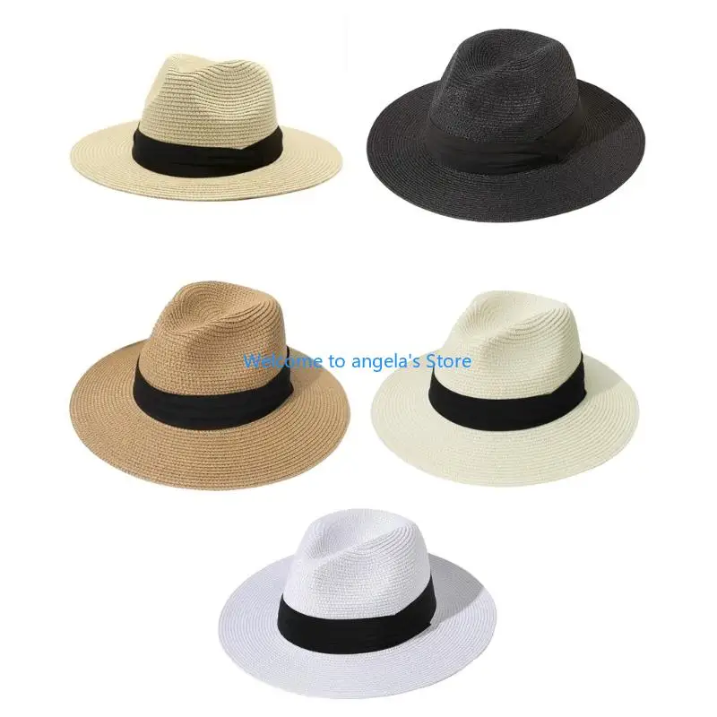 

X4YC Ribbon Decors Paper Straw Hat for Adult Unisex Western Panama Hat Handmade Beach Vacation Sunproof Hat for Daily Wear