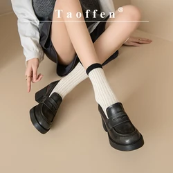 Taoffen Casual Loafers For Women Genuine Leather Brown Round Toe Pumps Square Heel Anti-slip Thick Sole Slip-On Office Shoes