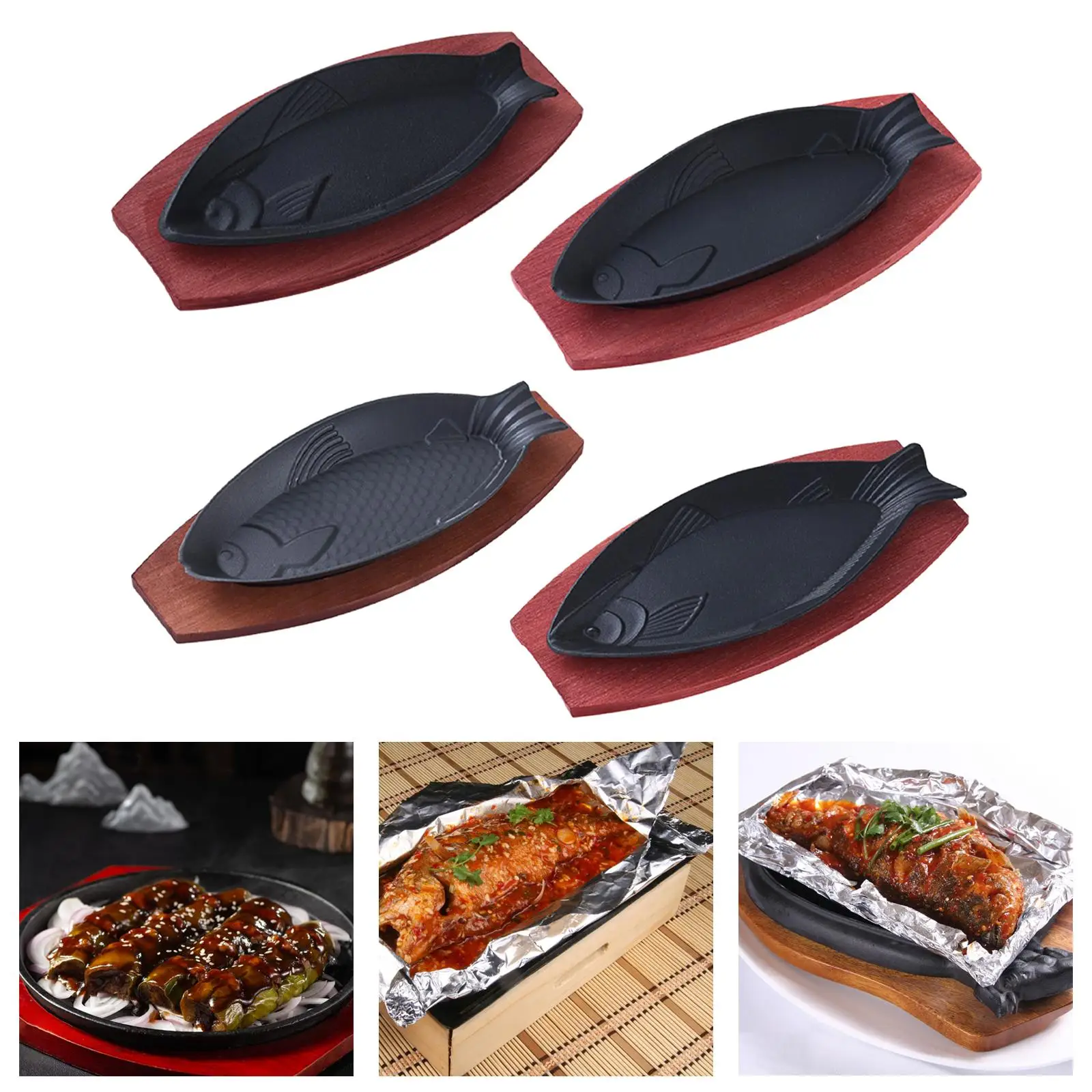 Plate Fish Shaped Grill with Wooden Tray Practical  Cast Iron Fish Shaped Fry Pan Creative Baking Tray BBQ Pan Plate for Stoveto