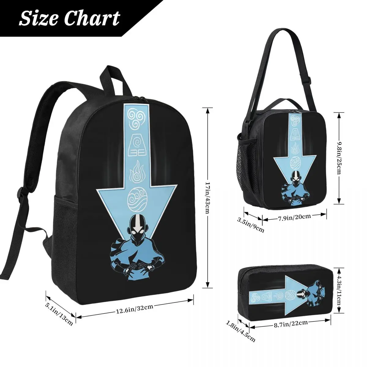 Avatar Aang Arrow Rucksack für Studenten, Jungen und Mädchen, Büchertasche, Schultasche, Laptop, Umhängetaschen, 3 Stück, isolierte Lunchtasche, Federmäppchen