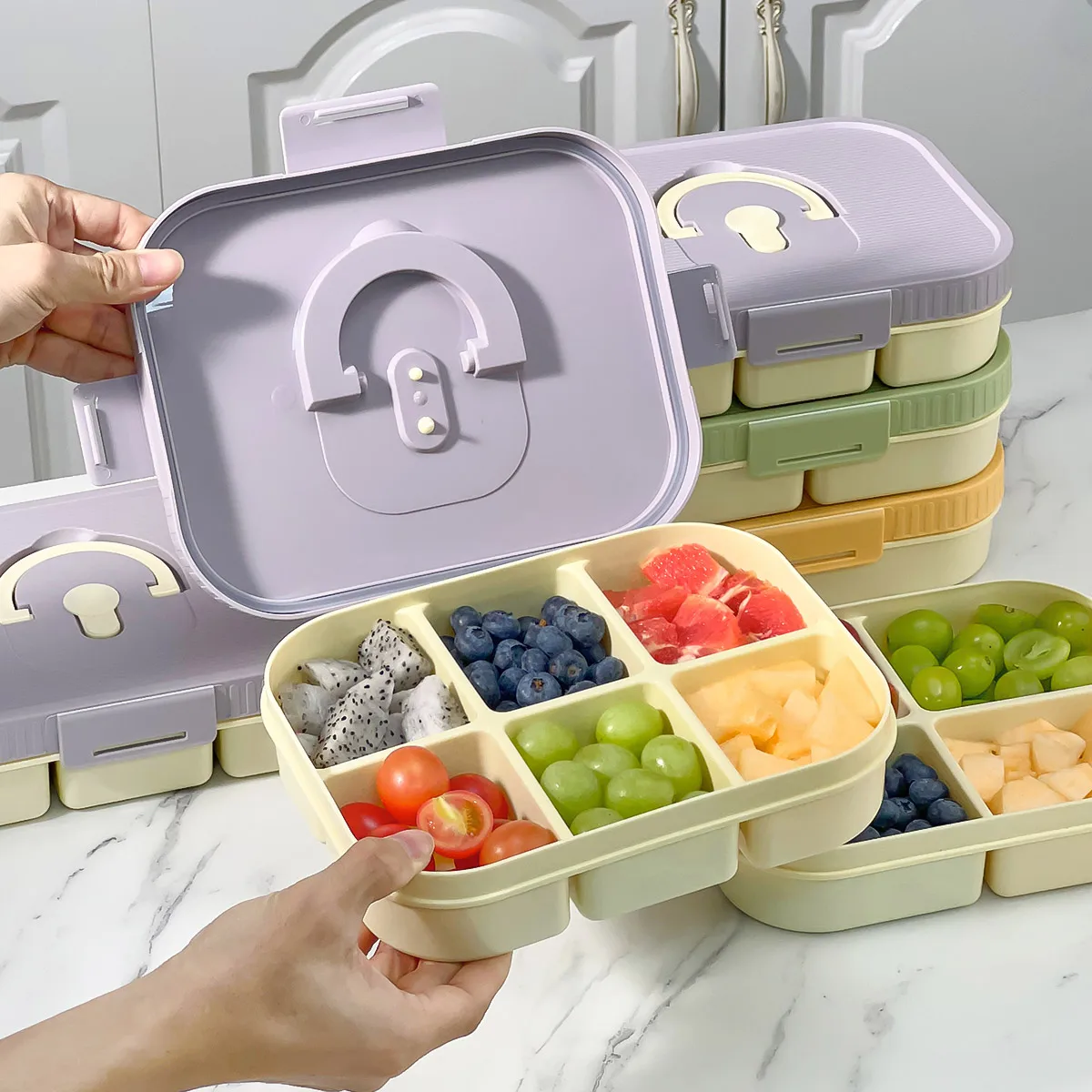 Lancheira dividida de plástico para micro-ondas, com alça, acampamento, piquenique, portátil, à prova de vazamento, salada de frutas, recipiente de comida para crianças e estudantes