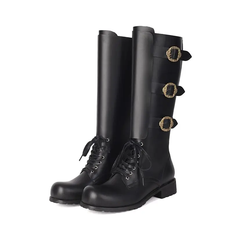 Steampunk Mittelalterliche Retro Motorradstiefel aus PU-Leder mit Schnalle, kniehohe Stiefel für Herren, Renaissance Cosplay, runde Zehenschuhe 2026 – Detail 6
