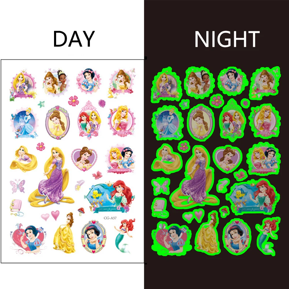 1Pcs Disney Princess Luminous Tattoo Sticker Cartoon Snow White Aurora Children Arm Face Glowing Tattoo Disposable Body Tattoo