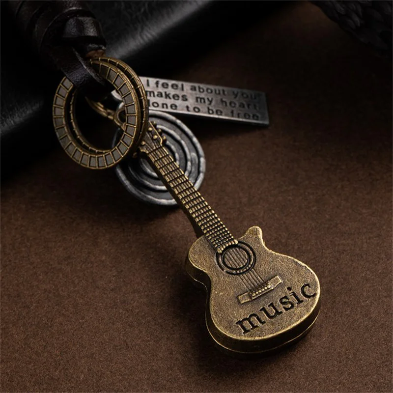 European And American Retro Keychain Creative Small Guitar Leather Keychain Braided Cowhide Key Backpack Pendant