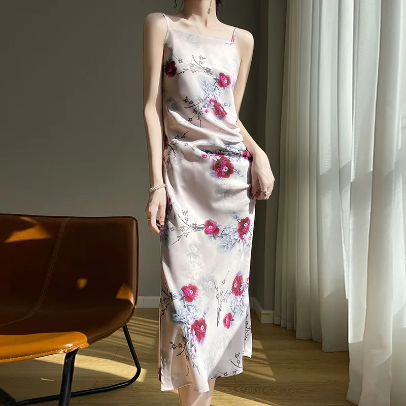 シルクシフォンマキシドレス レディース ワンショルダー シルクAラインロングドレス 花柄プリント 夏 通勤 スタイリッシュ ハイウエスト