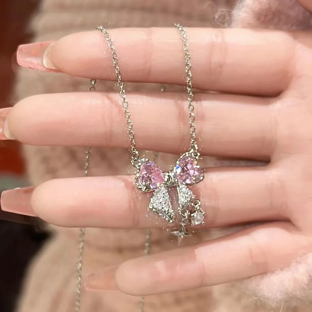 New Sweet Pink Bow Necklace Ladies Fashion Sparkling Rhinestone Star Shape Pendant Clavicle Chain Delicate Wedding Accesories
