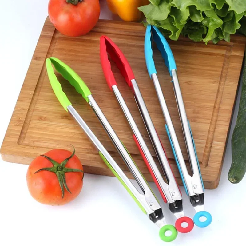 7/9 Inch BBQ Grill Clip Stainless Steel Kitchen Clip Silicone Non-slip Cooking Clip Food  Barbecue Salad Tool Kitchen Access