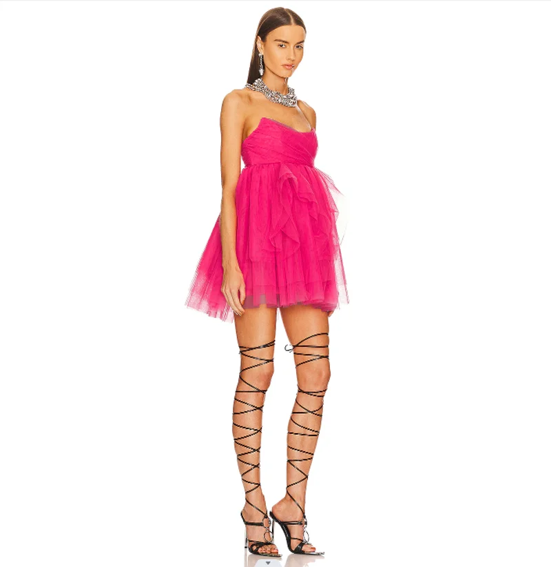 

Fashion Sweet Fuchsia Ruched Tulle Mini Dresses Strapless A-line Short Tutu Tulle Women Birthday Party Dress