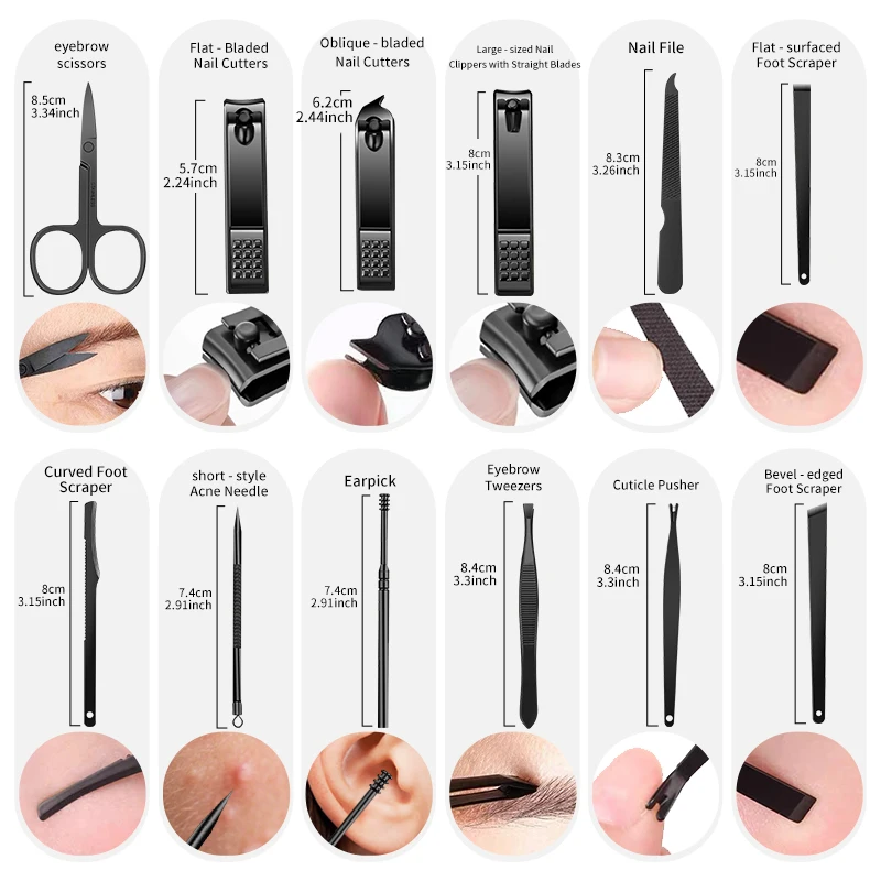 Conjunto de ferramentas para cortador de unhas de 8/10/24 peças, estojo de viagem portátil, pinças para cutícula, cortador de unhas profissional e kit de pedicure.