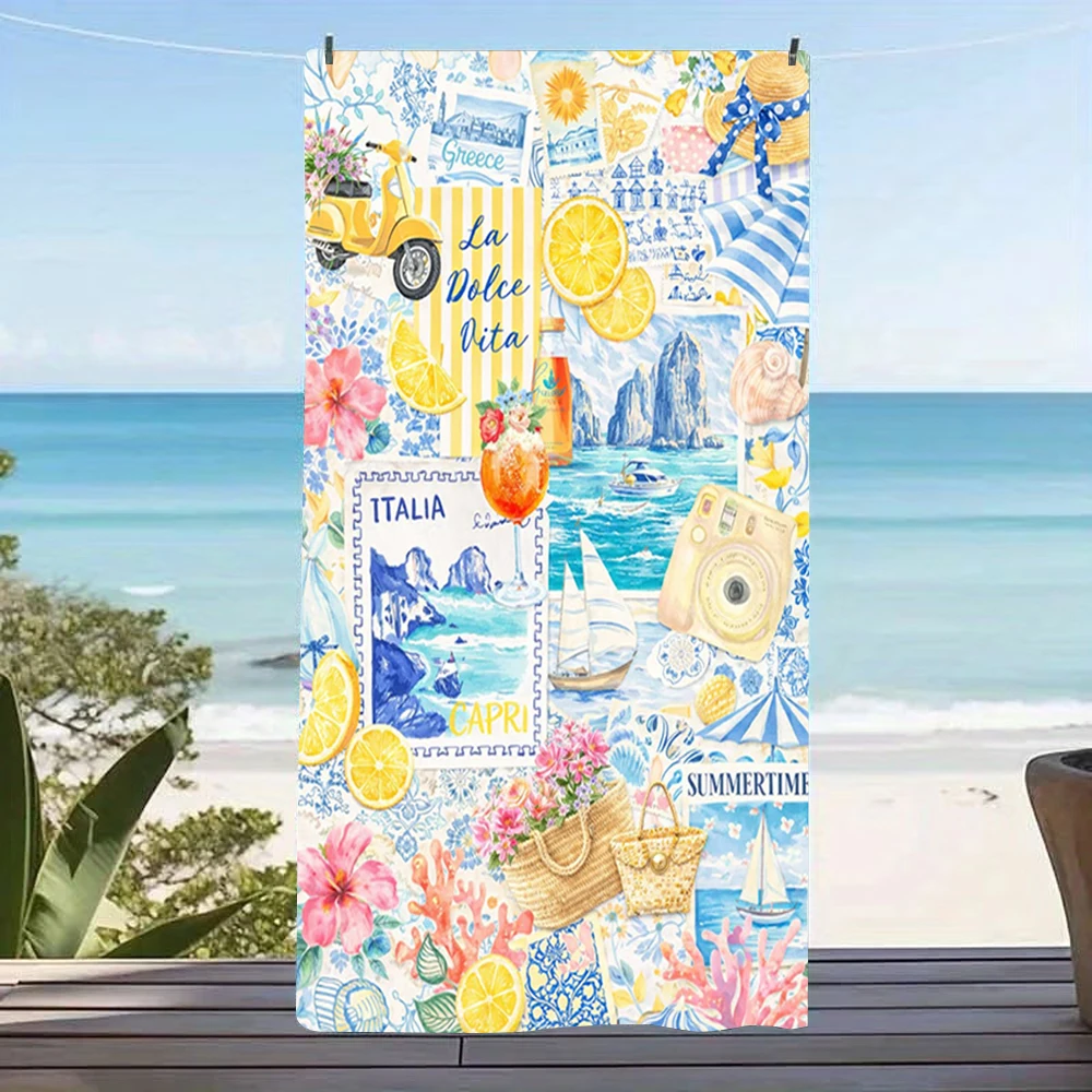 Mediterranean Capri Lemon Scooter Print Beach Towel,soft sand-block fabric for seaside picnic,road trips,backyard lounge
