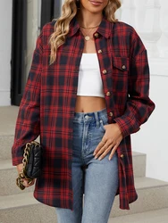 Women's Spring Autumn Casual Shirt Long Sleeve Lapel Button Up Plaid Print Tops 2024 Oversize Style Shirt