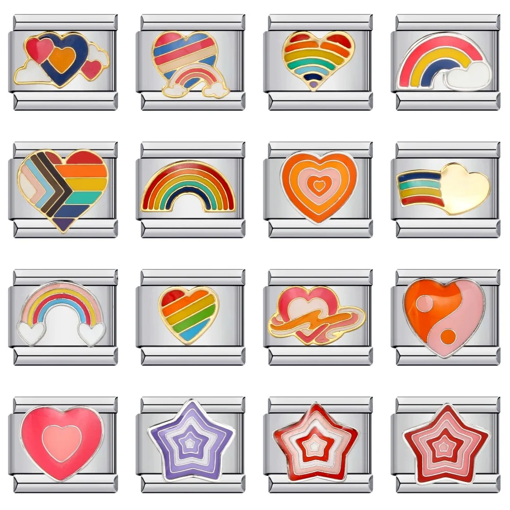 URING Fashion Cute Y2k Star Rainbow Colorful Heart Charms Italian Links 9mm Bracelets Bangle Stainless Steel DIY Making Jewelry