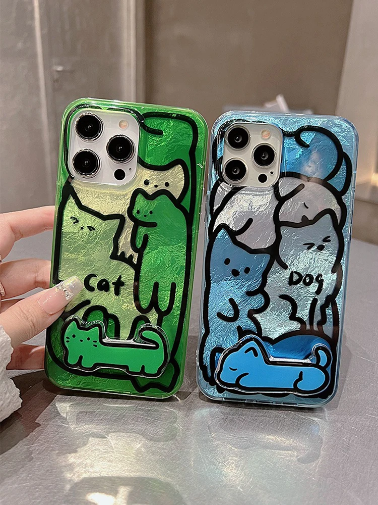 

Cute Funny Line Drawing Cat Dog Holder Stand Case For iPhone 15 14 13 12 Pro Max Tinfoil Aurora Soft Cover Shell