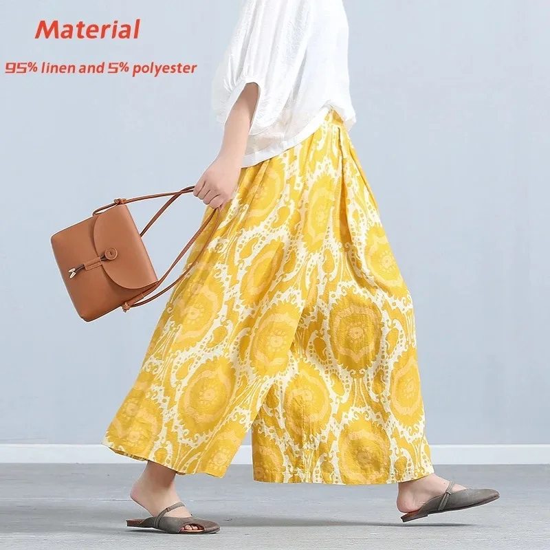 Yellow Artistic Loose Linen Wide-leg Pants for Women With Elastic Waist Casual Nine-point Pants All-match Skirt Pants