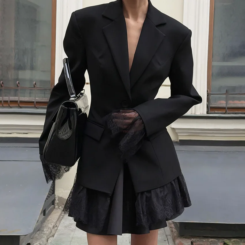 Fitted Waist Blazer with Lace Trim Women's Single-Breasted Tailored Blazer, Versatile for Formal & Casual Outfits